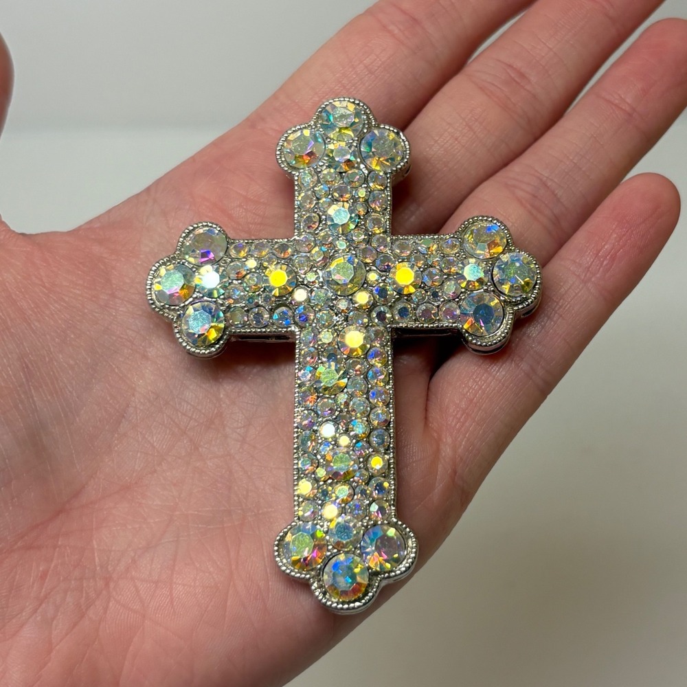 Aurora Borealis Rhinestone Cross Enhancer Pendant Magnetic Bail Silver Tone